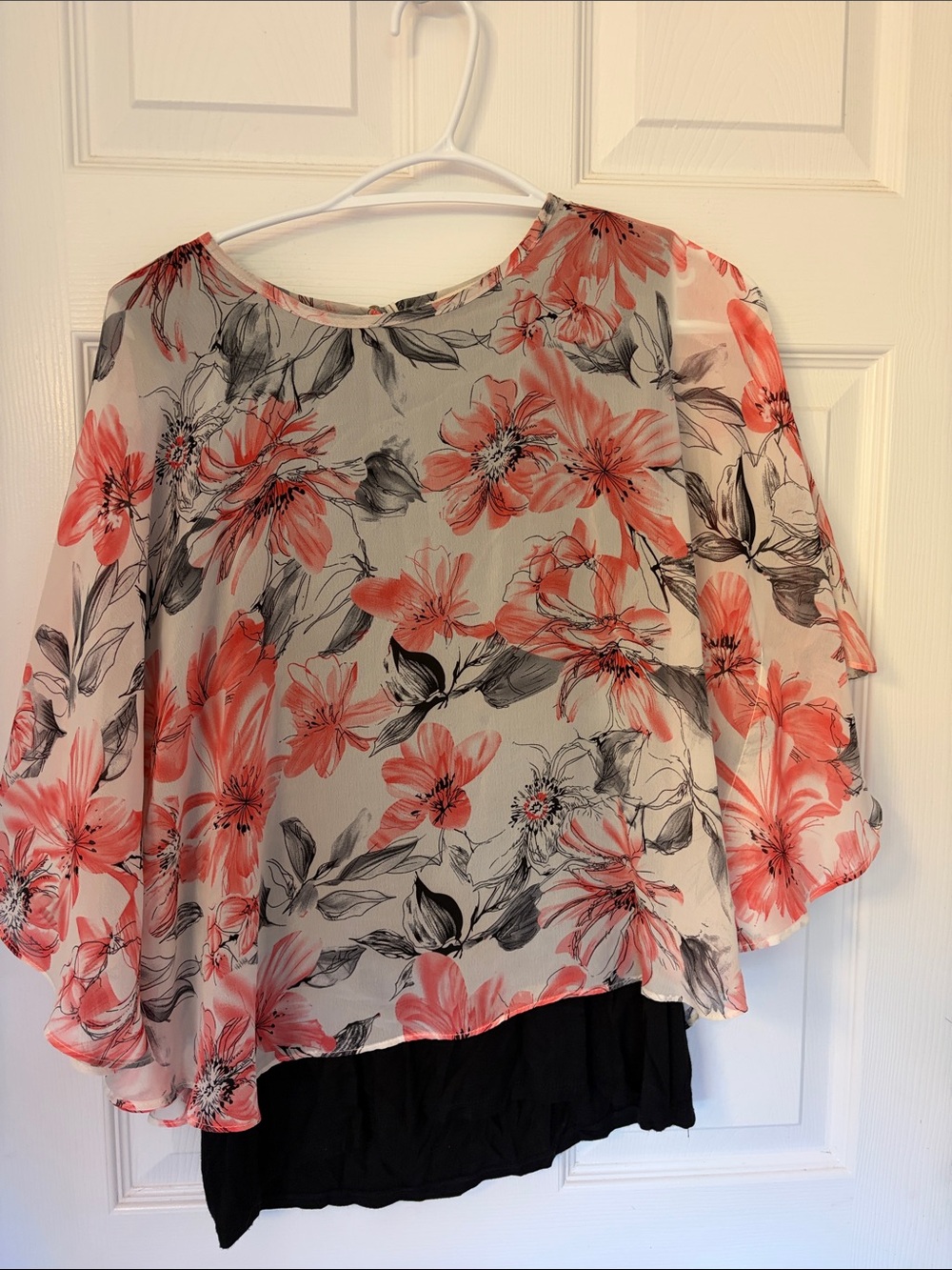 Faith and Joy Coral Floral Sheer Blouse with Gray Leaves